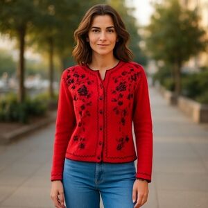 Vintage Beaded Floral Cardigan M Red Black Knit Sweater Holiday Party Top